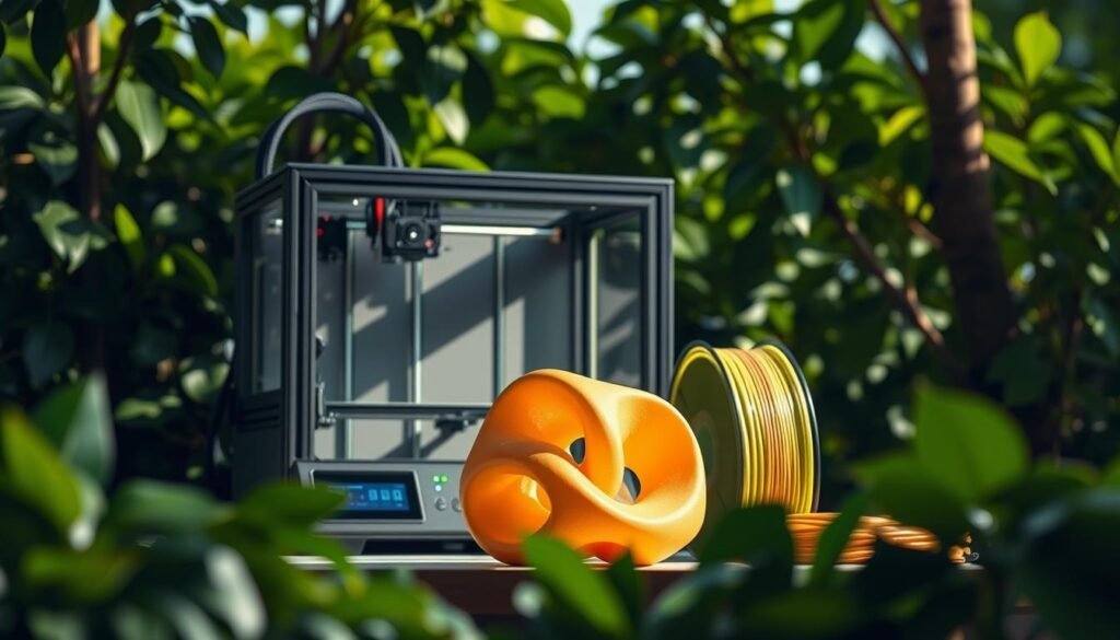 Uma impressora 3D moderna e minimalista no cenário de vegetação exuberante, lançando sombras suaves. Em primeiro plano, um objeto impresso em 3D, sua forma orgânica ecoando formas naturais. Filamentos vibrantes e ecológicos em tons terrosos sugerem materiais sustentáveis. A iluminação é macia, difusa, enfatizando a harmonia entre tecnologia e natureza. A cena geral transmite um senso de inovação e responsabilidade ambiental, refletindo o foco do artigo no papel da impressão 3D na criação de um futuro mais sustentável. Uma impressora 3D moderna e minimalista no cenário de vegetação exuberante, lançando sombras suaves. Em primeiro plano, um objeto impresso em 3D, sua forma orgânica ecoando formas naturais. Filamentos vibrantes e ecológicos em tons terrosos sugerem materiais sustentáveis. A iluminação é macia, difusa, enfatizando a harmonia entre tecnologia e natureza. A cena geral transmite um senso de inovação e responsabilidade ambiental, refletindo o foco do artigo no papel da impressão 3D na criação de um futuro mais sustentável.