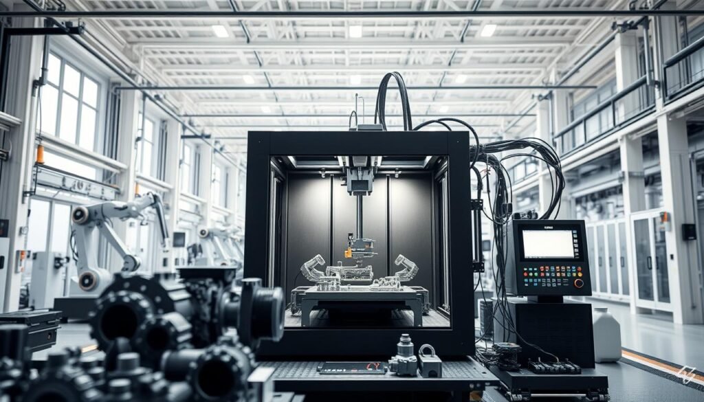 Uma instalação industrial moderna com uma impressora 3D central como ponto focal. Em primeiro plano, peças e componentes mecânicos intrincados estão emergindo da impressora 3D, sugerindo suas capacidades avançadas. O meio termo apresenta braços robóticos e linhas de montagem automatizadas, integrando perfeitamente a tecnologia de impressão 3D no processo de produção. Em segundo plano, um espaço de fábrica limpo e futurista com tetos altos, janelas grandes e sistemas de monitoramento avançado. A iluminação é brilhante e distribuída uniformemente, lançando uma sensação de eficiência e capacidade tecnológica. A atmosfera geral transmite uma visão da "fábrica do futuro" - um ambiente industrial simplificado, inovador e altamente automatizado, alimentado pelo potencial transformador da impressão 3D. Uma instalação industrial moderna com uma impressora 3D central como ponto focal. Em primeiro plano, peças e componentes mecânicos intrincados estão emergindo da impressora 3D, sugerindo suas capacidades avançadas. O meio termo apresenta braços robóticos e linhas de montagem automatizadas, integrando perfeitamente a tecnologia de impressão 3D no processo de produção. Em segundo plano, um espaço de fábrica limpo e futurista com tetos altos, janelas grandes e sistemas de monitoramento avançado. A iluminação é brilhante e distribuída uniformemente, lançando uma sensação de eficiência e capacidade tecnológica. A atmosfera geral transmite uma visão da "fábrica do futuro" - um ambiente industrial simplificado, inovador e altamente automatizado, alimentado pelo potencial transformador da impressão 3D.