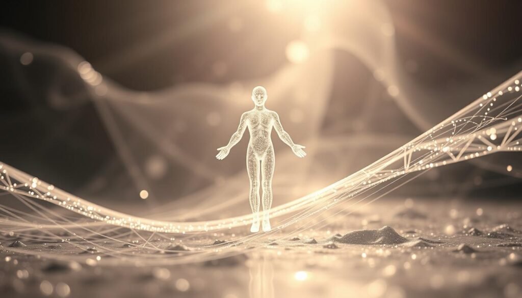 Uma onda quântica cintilante, congelada no tempo, encapsulando o conceito de superposição. Uma figura translúcida, ocupando simultaneamente várias posições, desafiando as restrições da física clássica. A cena é banhada em um brilho macio e etéreo, sugerindo a natureza ilusória desse fenômeno quântico. Padrões e linhas complexos entrelaçam, tecendo uma tapeçaria de incerteza e possibilidade. A perspectiva muda sutilmente, convidando o espectador a explorar os limites da realidade e os limites de nosso entendimento. Esta imagem procura capturar a essência da superposição quântica, um princípio fundamental que desafia nossas intuições sobre a natureza do mundo físico.