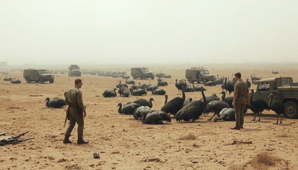 Uma paisagem desolada e devastada pela guerra, onde os remanescentes de uma feroz batalha entre o homem e a emu se mentiram. Em primeiro plano, um grupo de soldados derrotados, seus uniformes esfarrapados e espíritos quebrados, ficam em meio à carnificina. O meio-termo revela um rastro de veículos militares derrubados, armas abandonadas e os corpos sem vida dos pássaros sem voos, suas penas outrora orgulhosas agora manchadas com a sujeira e o sangue do conflito. O pano de fundo está envolto em uma atmosfera nebulosa e em tons de sépia, transmitindo uma sensação de melancolia e o peso de uma campanha difícil, mas finalmente inútil. A cena é capturada com uma lente corajosa e em estilo de documentário, refletindo as duras realidades de "The Great Emu War" e a inesperada derrota das forças australianas.