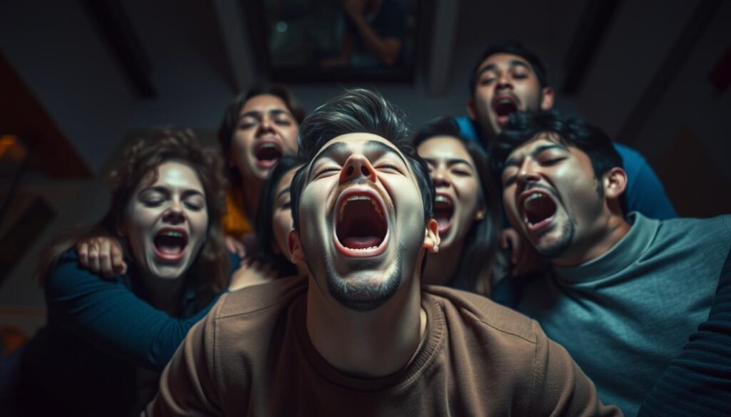 Uma pessoa bocada cercada por vários outros que também estão bocejando, criando um ciclo contagioso de bocejamento. A cena é colocada em um espaço interno aconchegante e pouco iluminado, com iluminação suave que acentua a atmosfera sonolenta e descontraída. O ângulo da câmera é ligeiramente elevado, capturando o grupo de uma visão de olho de pássaro, permitindo que o espectador observe a natureza contagiosa do bocejamento. Os rostos dos indivíduos são expressivos, transmitindo um senso de fadiga e o desejo irresistível de bocejar. A composição e a iluminação trabalham juntas para criar uma representação visualmente cativante e emocionalmente ressonante do fenômeno "bocejo contagioso". Uma pessoa bocada cercada por vários outros que também estão bocejando, criando um ciclo contagioso de bocejamento. A cena é colocada em um espaço interno aconchegante e pouco iluminado, com iluminação suave que acentua a atmosfera sonolenta e descontraída. O ângulo da câmera é ligeiramente elevado, capturando o grupo de uma visão de olho de pássaro, permitindo que o espectador observe a natureza contagiosa do bocejamento. Os rostos dos indivíduos são expressivos, transmitindo um senso de fadiga e o desejo irresistível de bocejar. A composição e a iluminação trabalham juntas para criar uma representação visualmente cativante e emocionalmente ressonante do fenômeno "bocejo contagioso".