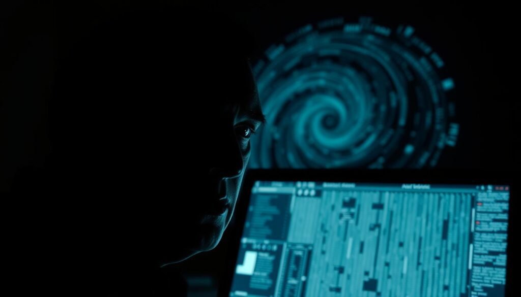 Uma sala mal iluminada, o brilho sinistro de uma tela de computador que lançava sombras perturbadoras. Em primeiro plano, uma face distorcida - um Deepfake, suas características não naturais e expressões perturbadoras que aludem aos perigos dessa tecnologia emergente. Em segundo plano, um vórtice em turbilhão de dados, representando os algoritmos complexos e vastos tesouros de informações que alimentam essas criações enganosas. A cena é ameaçadora, um conto de advertência do potencial para os deepfakes semearem discórdia, manipular a verdade e minar a confiança na era digital. A iluminação de chiaroscuro empresta um ar de pressentimento, enquanto um estilo cinematográfico de alto contraste aumenta a sensação de desconforto. Uma sala mal iluminada, o brilho sinistro de uma tela de computador que lançava sombras perturbadoras. Em primeiro plano, uma face distorcida - um Deepfake, suas características não naturais e expressões perturbadoras que aludem aos perigos dessa tecnologia emergente. Em segundo plano, um vórtice em turbilhão de dados, representando os algoritmos complexos e vastos tesouros de informações que alimentam essas criações enganosas. A cena é ameaçadora, um conto de advertência do potencial para os deepfakes semearem discórdia, manipular a verdade e minar a confiança na era digital. A iluminação de chiaroscuro empresta um ar de pressentimento, enquanto um estilo cinematográfico de alto contraste aumenta a sensação de desconforto.