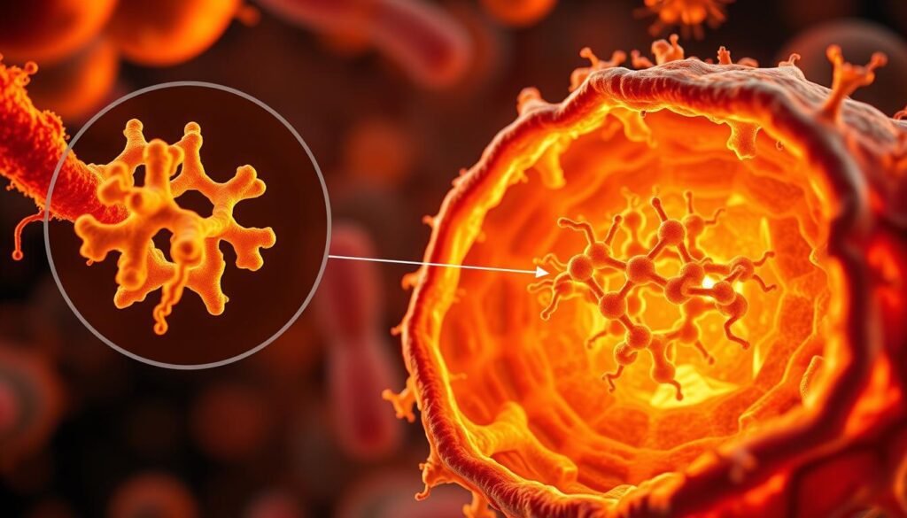 Uma seção transversal detalhada do mecanismo molecular de ação da penicilina, iluminado por iluminação quente e suave e capturado com uma lente macro. Em primeiro plano, uma vista ampliada da parede celular bacteriana, sua estrutura peptidoglicana interrompida pelo anel beta-lactâmico da molécula de penicilina. No meio termo, um aglomerado de proteínas de ligação à penicilina, seus locais ativos obstruíram, interrompendo a síntese da parede celular. O pano de fundo mostra a cascata de eventos celulares, da divisão celular prejudicada a lise osmótica e morte celular bacteriana. A cena geral transmite o impacto revolucionário dessa descoberta inovadora de antibióticos na medicina moderna. Uma seção transversal detalhada do mecanismo molecular de ação da penicilina, iluminado por iluminação quente e suave e capturado com uma lente macro. Em primeiro plano, uma vista ampliada da parede celular bacteriana, sua estrutura peptidoglicana interrompida pelo anel beta-lactâmico da molécula de penicilina. No meio termo, um aglomerado de proteínas de ligação à penicilina, seus locais ativos obstruíram, interrompendo a síntese da parede celular. O pano de fundo mostra a cascata de eventos celulares, da divisão celular prejudicada a lise osmótica e morte celular bacteriana. A cena geral transmite o impacto revolucionário dessa descoberta inovadora de antibióticos na medicina moderna.
