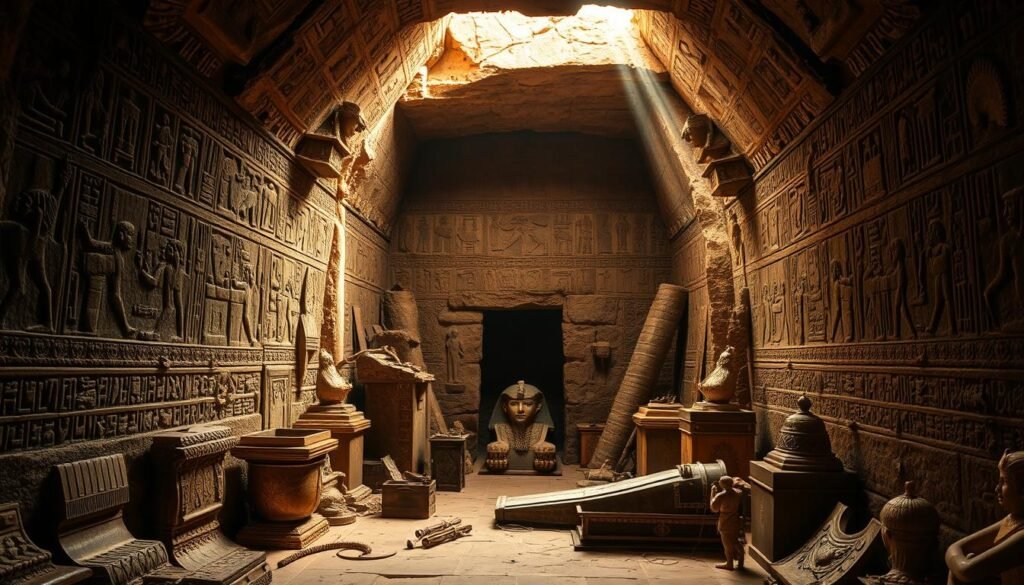Uma tumba egípcia majestosa e antiga, a entrada do local de descanso de Tutankhamun, parcialmente descoberto após séculos de sono. Hieróglifos ornamentados adornam as paredes, oferecendo um vislumbre do rico patrimônio cultural dos faraós. A luz solar filtra a abertura, lançando um brilho quente sobre a cena e iluminando a grandeza desta notável descoberta arqueológica. Sarcófagos intrincados esculpidos, artefatos dourados e relíquias misteriosas estavam dentro, aguardando mais exploração. O humor é de reverência e admiração, pois esse momento marca um capítulo significativo no desenrolar da história cativante do Egito antigo.