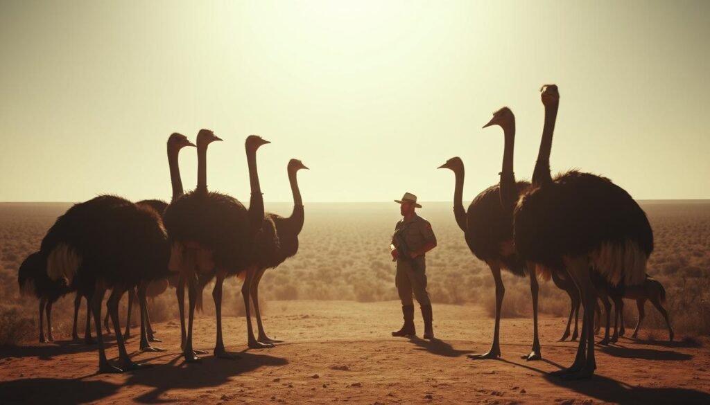 Uma vasta paisagem australiana de Outback, queimando o sol, batendo na terra empoeirada. Em primeiro plano, um grupo de emu, elevando -se mais de dois soldados confusos em uniformes militares, suas armas empenhadas pelos pássaros imponentes. O Emu olhou desafiadoramente, destemido pela presença humana, seus pescoços longos e pernas poderosas que transmitem um ar de força desenfreada. No meio termo, um agricultor solitário observa o impasse, balançando a cabeça em conflito. O pano de fundo desaparece em um horizonte nebuloso, a extensão interminável do arbusto australiano que se estende como um testemunho do absurdo dessa "guerra" entre o homem e a natureza. Iluminação cinematográfica dramática, com sombras profundas e destaques acentuando o drama da cena. Uma vasta paisagem australiana de Outback, queimando o sol, batendo na terra empoeirada. Em primeiro plano, um grupo de emu, elevando -se mais de dois soldados confusos em uniformes militares, suas armas empenhadas pelos pássaros imponentes. O Emu olhou desafiadoramente, destemido pela presença humana, seus pescoços longos e pernas poderosas que transmitem um ar de força desenfreada. No meio termo, um agricultor solitário observa o impasse, balançando a cabeça em conflito. O pano de fundo desaparece em um horizonte nebuloso, a extensão interminável do arbusto australiano que se estende como um testemunho do absurdo dessa "guerra" entre o homem e a natureza. Iluminação cinematográfica dramática, com sombras profundas e destaques acentuando o drama da cena.