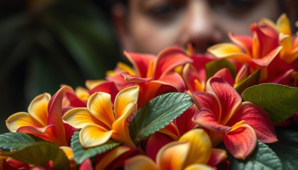 Uma vista detalhada em close de um lei brasileiro, suas vibrantes flores tropicais e folhas meticulosamente renderizadas. No fundo, surge uma imagem sutilmente distorcida e ligeiramente turva de um rosto humano, sugerindo a presença perturbadora de um deepfake. A iluminação é suave e natural, criando uma sensação de tensão entre a beleza do Lei e o potencial sinistro da tecnologia Deepfake. A composição enfatiza o contraste, chamando os olhos do espectador para a interseção do real e do artificial. Uma vista detalhada em close de um lei brasileiro, suas vibrantes flores tropicais e folhas meticulosamente renderizadas. No fundo, surge uma imagem sutilmente distorcida e ligeiramente turva de um rosto humano, sugerindo a presença perturbadora de um deepfake. A iluminação é suave e natural, criando uma sensação de tensão entre a beleza do Lei e o potencial sinistro da tecnologia Deepfake. A composição enfatiza o contraste, chamando os olhos do espectador para a interseção do real e do artificial.
