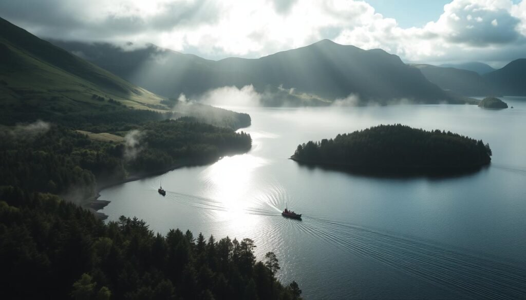 Vista aérea abrangente de uma expedição pitoresca ao lago Ness, na Escócia. Lush Green Hills e densas florestas cercam o lago cintilante, envoltas em uma névoa estranha. Uma equipe de exploradores intrépidos com equipamentos de alta tecnologia navega por barcos pequenos pelas águas paradas, procurando por quaisquer sinais do lendário Monster Loch Ness. A luz solar filtra através das nuvens, lançando sombras dramáticas e destaques na paisagem acidentada. A atmosfera é de aventura, mistério e curiosidade científica, pois a busca para descobrir a verdade por trás da lenda de Nessie continua sem parar.