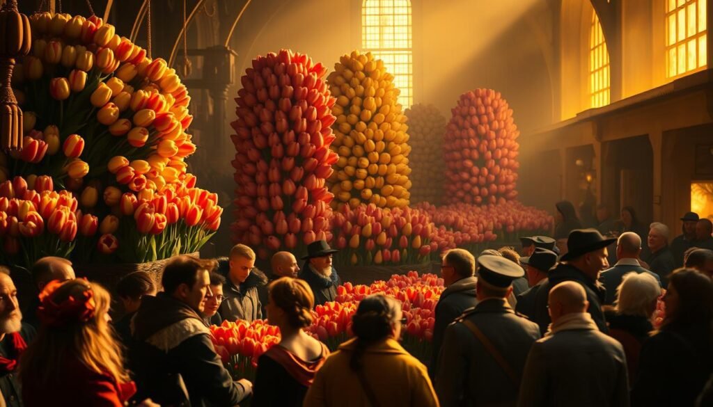 A bustling Dutch marketplace in the 17th century, with towering stacks of tulips in vibrant hues commanding exorbitant prices. The foreground showcases a lively scene of buyers and sellers haggling, their expressions reflecting the frenzy and excitement of the tulip trade. The middle ground features a towering stack of tulip bulbs, their petals unfurling in a mesmerizing display, symbolizing the surging demand and unprecedented valuations. The background is bathed in warm, golden light, casting a hazy, dreamlike atmosphere over the proceedings, evoking the sense of a speculative bubble at its peak. Intricate details, such as the ornate architecture and the ornate fashion of the participants, transport the viewer to the height of the "Tulip Mania" that captivated the Dutch economy in the 17th century.