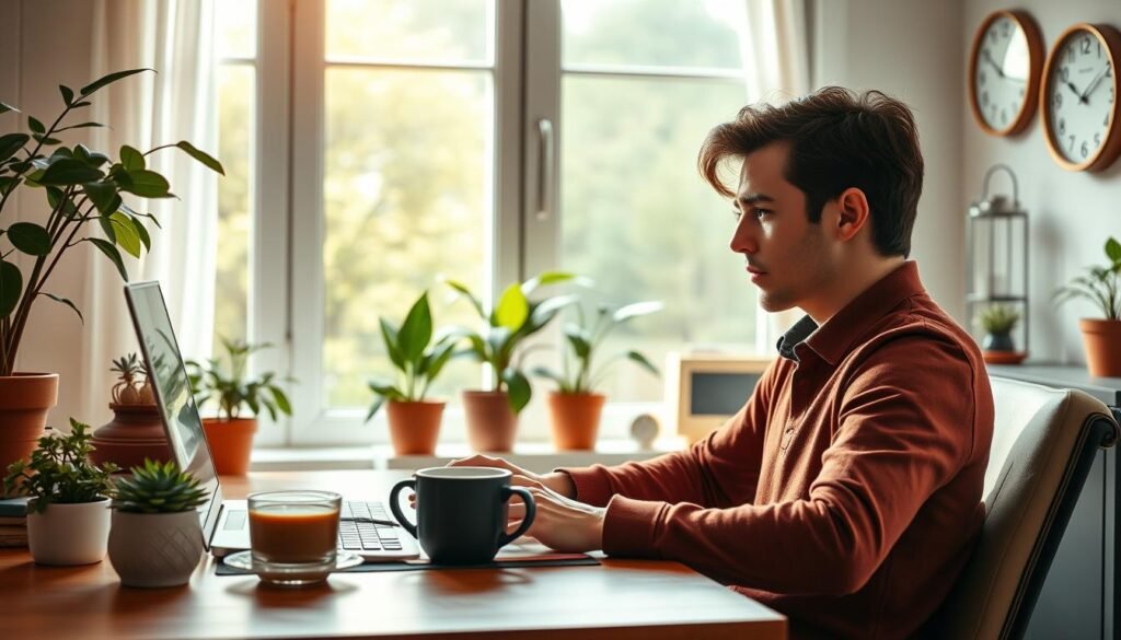 A cozy home office with a focused worker sitting at a wooden desk, meticulously tracking time with a classic Pomodoro timer. Warm natural light filters through large windows, casting a soft glow over the scene. Potted plants and a mug of steaming coffee create a peaceful, productive atmosphere. The worker's face is determined, their attention unwavering as they make the most of the 25-minute Pomodoro interval. The room is tastefully decorated, with subtle hints of the Pomodoro technique's signature tomato motif integrated into the design. An analog clock ticks softly in the background, underscoring the importance of time management. This image evokes the transformative power of the Pomodoro method, inspiring focus and effective time-use.