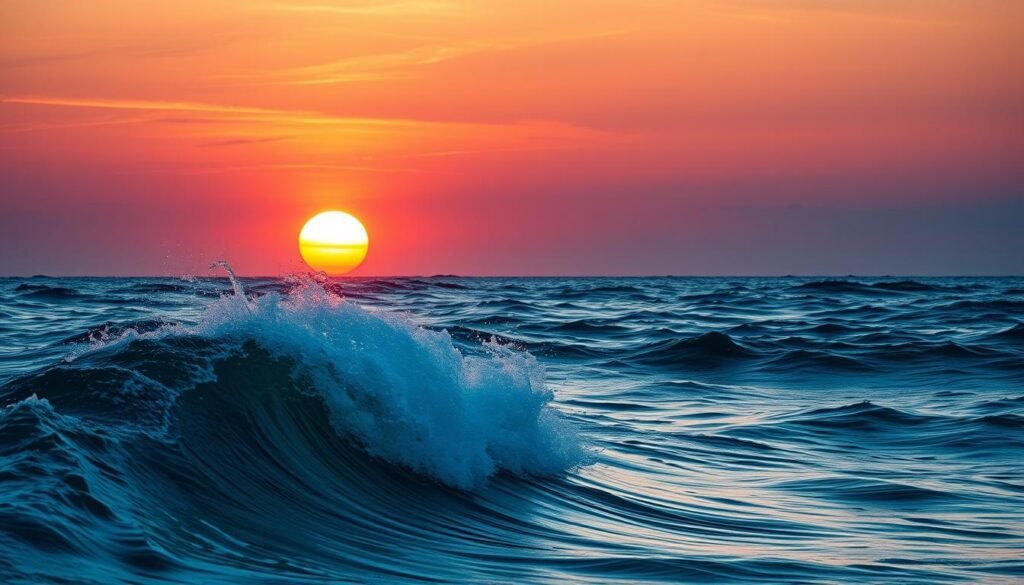 A dramática paisagem marítima de Crepúsculo com a poderosa influência do sol sobre as marés do oceano. Em primeiro plano, uma onda de queda revela o fluxo e refluxo das marés, controladas pela dança celestial da terra, lua e sol. O Sol, uma esfera brilhante no horizonte, lança tons quentes na água ondulante. Nuvens finas e um céu desbotado aumentam o humor tranquilo e atmosférico. A cena transmite o papel crucial do Sol em governar a ascensão e queda perpétua das marés, uma força fundamental que moldando as costas e os ecossistemas de nosso planeta. A dramática paisagem marítima de Crepúsculo com a poderosa influência do sol sobre as marés do oceano. Em primeiro plano, uma onda de queda revela o fluxo e refluxo das marés, controladas pela dança celestial da terra, lua e sol. O Sol, uma esfera brilhante no horizonte, lança tons quentes na água ondulante. Nuvens finas e um céu desbotado aumentam o humor tranquilo e atmosférico. A cena transmite o papel crucial do Sol em governar a ascensão e queda perpétua das marés, uma força fundamental que moldando as costas e os ecossistemas de nosso planeta.