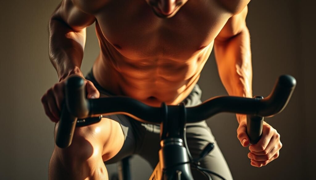A person performing an abdominal bicycle exercise, their torso and legs moving in a cycling motion, muscles visibly engaged. The scene is captured from a low angle, with the subject's face and upper body filling the frame. Warm, natural lighting from the side creates dynamic shadows, highlighting the contours of the muscles. The background is blurred, placing the emphasis on the subject and their intense core workout. The overall mood is one of focused determination and physical exertion.