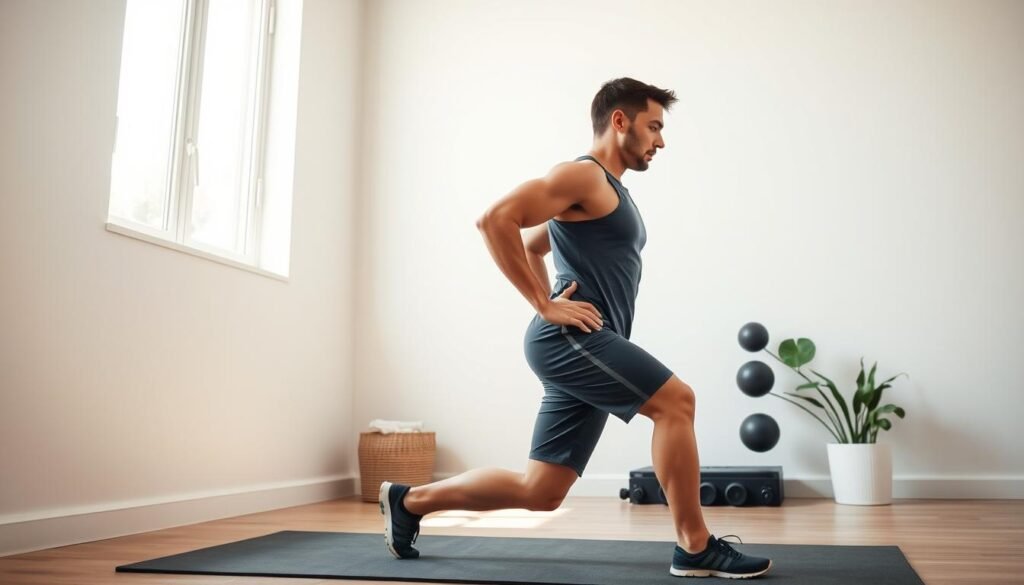A person performing an alternating lunge exercise in a well-lit, minimalist home gym setting. The subject is captured in profile, dressed in athletic wear, with a focused expression as they step forward with one leg, engaging their leg and glute muscles. The background is clean and uncluttered, allowing the viewer to concentrate on the proper form and technique of the exercise. Soft, natural lighting from a window or diffused source creates a warm, motivating atmosphere, highlighting the subject's muscular effort. The camera angle is slightly elevated, providing a clear view of the movement and the activation of the target muscle groups.