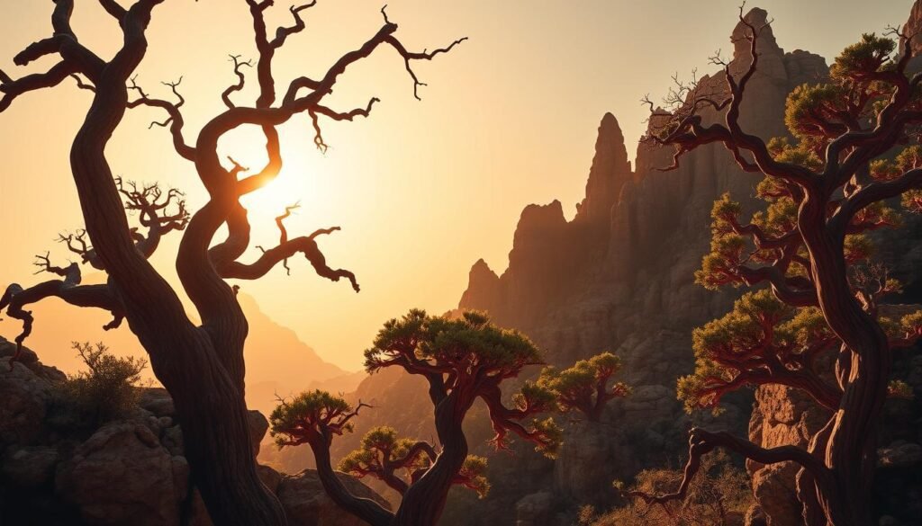 As árvores exuberantes e vibrantes do "sangue do dragão" agarram -se à paisagem robusta e sobrenatural da ilha de Socotra. Trunks torcidos e retorcidos chegam em direção a um céu etéreo dourado, sua seiva vermelha brilhando sob a luz solar quente. As formações rochosas dramáticas e escarpadas aumentam ao fundo, criando um cenário surreal e alienígena. A cena é banhada sob uma luz macia e difusa, emprestando uma qualidade quase sonhadora ao cenário. Sombras e destaques dramáticos acentuam as silhuetas impressionantes das árvores. O humor geral é de maravilha tranquila e primordial, capturando a essência desse canto remoto e encantador do mundo.