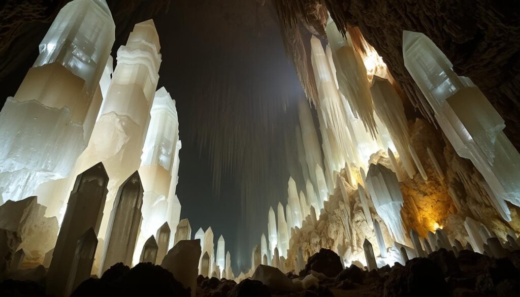 As formações cristalinas maciças aumentam das profundezas de uma vasta caverna pouco iluminada no México. Fragmentos imponentes de selenita translúcida brilham sob a iluminação macia e difusa, lançando um brilho hipnotizante e sobrenatural. As paredes da caverna são cobertas em formações minerais complexas, criando uma atmosfera surreal e semelhante à catedral. Em primeiro plano, os cristais gigantes e irregulares se projetam do chão, enquanto no meio -termo, cristais menores, mas não menos impressionantes, cascata pelas paredes. O fundo desaparece em uma profundidade misteriosa e nebulosa, sugerindo a vastidão deste palácio subterrâneo. A cena geral transmite um senso de grandeza antiga e intocada, um testemunho do notável poder da criação da natureza.