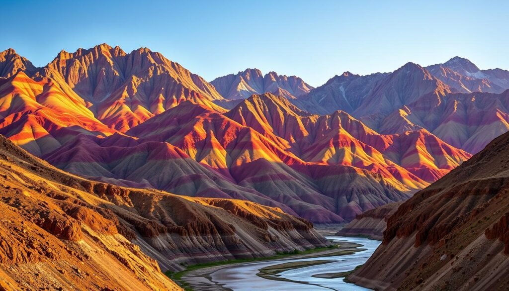 As majestosas montanhas em tons de arco-íris se elevam acima de uma paisagem acidentada e inspiradora. Camadas vibrantes de rocha sedimentar, esculpidas pela erosão, criam uma obra de arte natural fascinante. Os altos picos são banhados à luz solar quente e dourada, fundindo sombras dramáticas no terreno ondulado. Em primeiro plano, um rio sinuoso reflete as cores de tirar o fôlego, criando uma sensação de tranquilidade e harmonia. A cena é de uma beleza pura e indomável, uma verdadeira maravilha do mundo natural, no cenário das montanhas Andes no Peru.