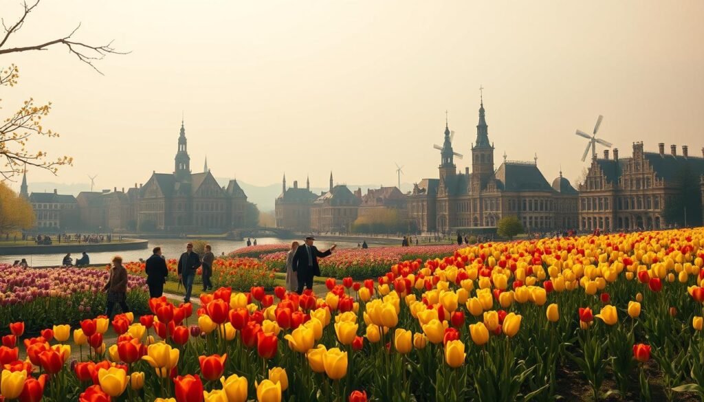 Ascensão da febre da tulipa: uma paisagem holandesa luxuosa do século XVII, banhada em luz dourada quente. Em primeiro plano, um vibrante jardim de tulipa explode com flores em um arco -íris de cores - escarlate, violeta, amarelo amanteigado. Comerciantes ricos e nobres passeam pelos caminhos, gesticulando animadamente enquanto avaliam as raras lâmpadas cobiçadas. No meio termo, grandes mansões do canal e casas comerciais, suas fachadas adornavam com detalhes arquitetônicos ornamentados. As imponentes pináculos e moinhos de vento da igreja pontuam o horizonte, em silhueta contra um céu azul e nebuloso. Uma atmosfera de especulação febril e opulência desenfreada permeia a cena, capturando a altura intoxicante da mania da tulipa que em breve cativaria e desestabilizaria a economia holandesa.
