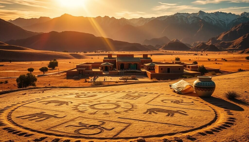 Cena detalhada da civilização Nazca e sua cultura cativante. Em primeiro plano, geoglifos complexos que representam figuras de animais místicos são gravados na árida paisagem do deserto peruano, seus padrões geométricos que brilham sob a luz solar quente e dourada. No meio termo, surge uma vila vibrante, com estruturas de adobe adornadas com têxteis e cerâmica coloridos. No fundo, as majestosas montanhas Andes se elevam, seus picos de neve lançando longas sombras na cena. A atmosfera é de maravilha antiga e misticismo atemporal, convidando o espectador a desvendar os mistérios dessa notável civilização. Cena detalhada da civilização Nazca e sua cultura cativante. Em primeiro plano, geoglifos complexos que representam figuras de animais místicos são gravados na árida paisagem do deserto peruano, seus padrões geométricos que brilham sob a luz solar quente e dourada. No meio termo, surge uma vila vibrante, com estruturas de adobe adornadas com têxteis e cerâmica coloridos. No fundo, as majestosas montanhas Andes se elevam, seus picos de neve lançando longas sombras na cena. A atmosfera é de maravilha antiga e misticismo atemporal, convidando o espectador a desvendar os mistérios dessa notável civilização.