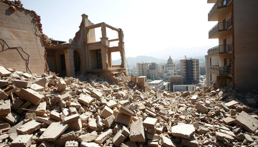 Danos estruturais dos terremotos: uma cena de um edifício parcialmente desmoronado, escombros e detritos espalhados pelo chão, com rachaduras e fraturas visíveis nas paredes restantes. O primeiro plano mostra alvenaria caída, vergalhão torcido e vidro quebrado, transmitindo a força destrutiva do terremoto. O meio termo mostra o edifício danificado, sua estrutura comprometida, proporcionando uma sensação da escala da devastação. No fundo, uma paisagem urbana nebulosa com outras estruturas danificadas sugere o impacto generalizado. A iluminação é dura e direcional, lançando sombras dramáticas que acentuam a destruição. O humor geral é de devastação e caos, capturando as consequências de um poderoso evento sísmico. Danos estruturais dos terremotos: uma cena de um edifício parcialmente desmoronado, escombros e detritos espalhados pelo chão, com rachaduras e fraturas visíveis nas paredes restantes. O primeiro plano mostra alvenaria caída, vergalhão torcido e vidro quebrado, transmitindo a força destrutiva do terremoto. O meio termo mostra o edifício danificado, sua estrutura comprometida, proporcionando uma sensação da escala da devastação. No fundo, uma paisagem urbana nebulosa com outras estruturas danificadas sugere o impacto generalizado. A iluminação é dura e direcional, lançando sombras dramáticas que acentuam a destruição. O humor geral é de devastação e caos, capturando as consequências de um poderoso evento sísmico.