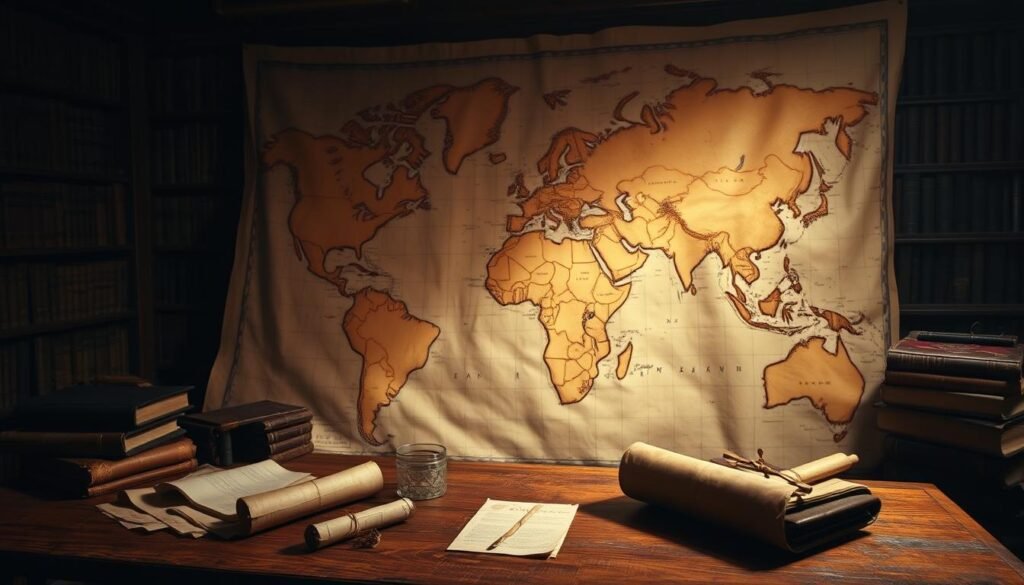 Mapa detalhado da cartografia antiga, representando diversas massas terrestres e linhas de costas que desafiam a narrativa convencional da era da descoberta. Configuração pouco iluminada da biblioteca, texturas semelhantes a pergaminho, tons suaves de ocre e sépia. Tomos e pergaminhos de couro envelhecidos espalhados por uma mesa de carvalho desgastada, lançando longas sombras. Um senso de mistério e intriga histórica permeia a cena, sugerindo conhecimento oculto e histórias não contadas do passado. A iluminação suave e dramática ilumina o mapa intrigante, chamando a atenção do espectador para as características geográficas contraditórias que desafiam a história aceita de exploração e conquista. Mapa detalhado da cartografia antiga, representando diversas massas terrestres e linhas de costas que desafiam a narrativa convencional da era da descoberta. Configuração pouco iluminada da biblioteca, texturas semelhantes a pergaminho, tons suaves de ocre e sépia. Tomos e pergaminhos de couro envelhecidos espalhados por uma mesa de carvalho desgastada, lançando longas sombras. Um senso de mistério e intriga histórica permeia a cena, sugerindo conhecimento oculto e histórias não contadas do passado. A iluminação suave e dramática ilumina o mapa intrigante, chamando a atenção do espectador para as características geográficas contraditórias que desafiam a história aceita de exploração e conquista.