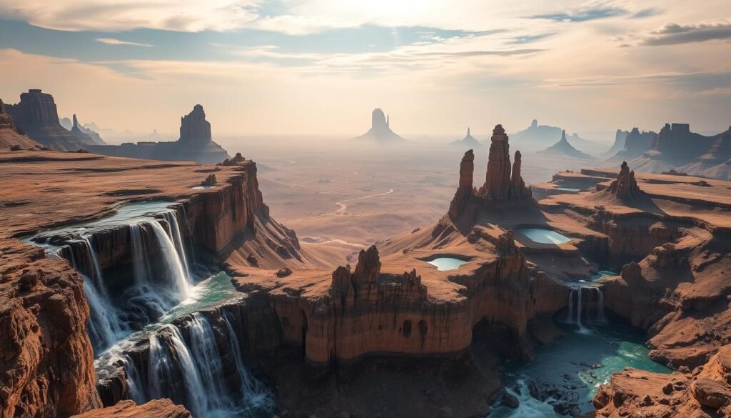 Paisagens que desafiam a lógica: um panorama surreal de terrenos ondulados, onde formações rochosas imponentes se elevam como sentinelas contra um céu onírico. Em primeiro plano, cachoeiras em cascata mergulham nas piscinas etéreas, suas águas brilhando com tons prismáticos. O meio -termo é uma tapeçaria de formações rochosas torcidas e esculpidas, suas bordas irregulares e contornos lançando sombras dramáticas. No fundo distante, um horizonte de picos impossíveis e platôs, suas silhuetas se misturam perfeitamente com a atmosfera quente e nebulosa. Capturado com uma lente grande angular, essa cena exala uma sensação de maravilha atemporal, convidando o espectador a entrar em um reino onde os limites da realidade ficam desbotados, e o impossível se torna tangível.
