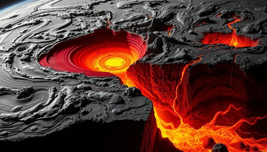 Placas tectônicas em movimento dinâmico, suas bordas mudando e colidindo, criando uma paisagem turbulenta e turbulenta. Uma seção transversal do interior da Terra, revelando o manto derretido e o núcleo denso e inflexível. Forças geológicas intensas aumentando a pressão, prontas para serem liberadas em um evento sísmico violento. As linhas de falha sombrias cruzam a superfície, como cicatrizes na pele do planeta. Magma brilhante e derretido borbulhando e agitando, um testemunho do poder bruto do funcionamento interno da Terra. A iluminação dramática lança sombras dramáticas, enfatizando a escala e o drama desse processo vital e subjacente que molda nosso mundo. Placas tectônicas em movimento dinâmico, suas bordas mudando e colidindo, criando uma paisagem turbulenta e turbulenta. Uma seção transversal do interior da Terra, revelando o manto derretido e o núcleo denso e inflexível. Forças geológicas intensas aumentando a pressão, prontas para serem liberadas em um evento sísmico violento. As linhas de falha sombrias cruzam a superfície, como cicatrizes na pele do planeta. Magma brilhante e derretido borbulhando e agitando, um testemunho do poder bruto do funcionamento interno da Terra. A iluminação dramática lança sombras dramáticas, enfatizando a escala e o drama desse processo vital e subjacente que molda nosso mundo.