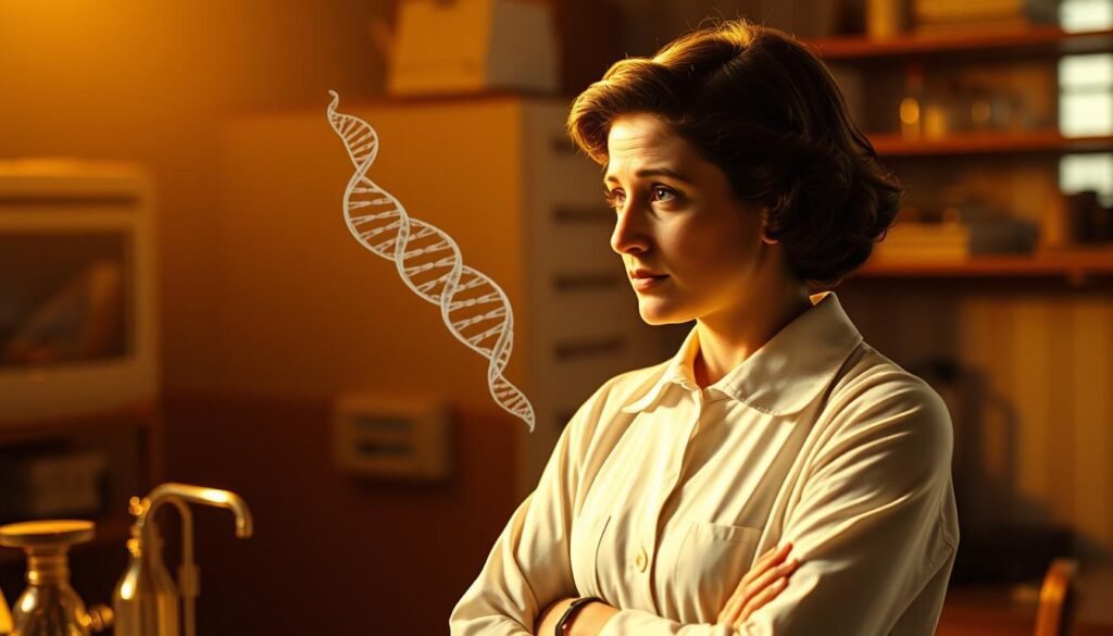 Rosalind Franklin, uma brilhante cientista britânica, fica cuidadosamente em seu laboratório, seus olhos fixados no complexo padrão de difração de raios-X da estrutura molecular do DNA, conhecida como "foto 51". A cena é banhada em iluminação quente e dourada, lançando um brilho reverente em sua expressão determinada enquanto ela desvenda os segredos da hélice dupla. Atrás dela, o equipamento de laboratório e o aparelho científico sugerem o meticuloso trabalho que levou a essa descoberta inovadora, uma prova da incansável dedicação e da perspicácia científica de Franklin. A atmosfera geral é de contemplação silenciosa e a busca do conhecimento, capturando a essência da contribuição central de Rosalind Franklin para a compreensão dos blocos fundamentais de construção da vida. Rosalind Franklin, uma brilhante cientista britânica, fica cuidadosamente em seu laboratório, seus olhos fixados no complexo padrão de difração de raios-X da estrutura molecular do DNA, conhecida como "foto 51". A cena é banhada em iluminação quente e dourada, lançando um brilho reverente em sua expressão determinada enquanto ela desvenda os segredos da hélice dupla. Atrás dela, o equipamento de laboratório e o aparelho científico sugerem o meticuloso trabalho que levou a essa descoberta inovadora, uma prova da incansável dedicação e da perspicácia científica de Franklin. A atmosfera geral é de contemplação silenciosa e a busca do conhecimento, capturando a essência da contribuição central de Rosalind Franklin para a compreensão dos blocos fundamentais de construção da vida.