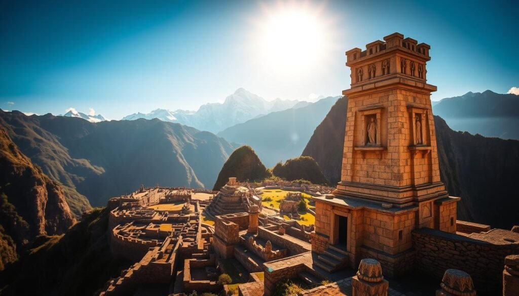 Ruínas de incas majestosas, estruturas de pedra ensolaradas aninhadas em meio aos Andes. Em primeiro plano, um templo imponente fica, suas intrincadas esculturas e trabalhos de pedra um testemunho da ingenuidade da civilização inca. O meio -termo revela um complexo amplo, vias antigas que servem através de jardins e praças em terraços. À distância, os picos cobertos de neve perfuram o céu azul, criando um cenário de tirar o fôlego. A luz quente e dourada banha a cena, imbuindo -a com uma sensação de grandeza atemporal. Esta é a herança cultural do Peru, um Patrimônio Mundial da UNESCO, uma personificação viva do legado inca que continua a cativar e inspirar. Ruínas de incas majestosas, estruturas de pedra ensolaradas aninhadas em meio aos Andes. Em primeiro plano, um templo imponente fica, suas intrincadas esculturas e trabalhos de pedra um testemunho da ingenuidade da civilização inca. O meio -termo revela um complexo amplo, vias antigas que servem através de jardins e praças em terraços. À distância, os picos cobertos de neve perfuram o céu azul, criando um cenário de tirar o fôlego. A luz quente e dourada banha a cena, imbuindo -a com uma sensação de grandeza atemporal. Esta é a herança cultural do Peru, um Patrimônio Mundial da UNESCO, uma personificação viva do legado inca que continua a cativar e inspirar.