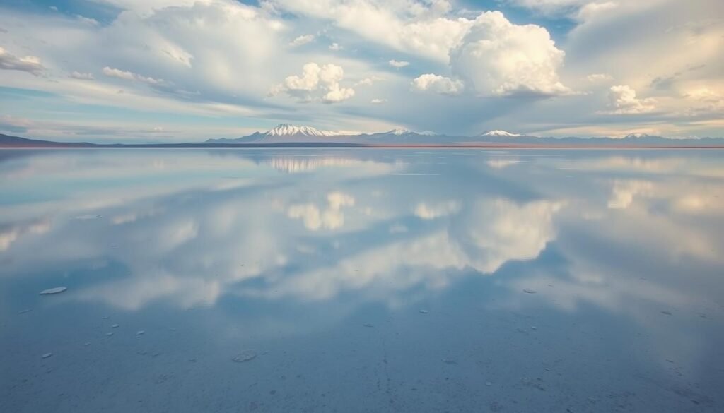 Salar de Uyuni, vasto sal de sal da Bolívia, transformado em um espelho sereno durante a estação chuvosa. O horizonte combina perfeitamente com o céu, criando uma extensão infinita e sobrenatural. Pools de água cintilantes refletem as nuvens dramáticas acima, lançando reflexões hipnotizantes na superfície lisa e cristalina. À distância, as montanhas cobertas de neve aumentam, seus picos perfurando a atmosfera nebulosa. Tons vibrantes de azul, cinza e branco dominam a cena, evocando uma sensação de tranquilidade e isolamento. Capture a vastidão e tranquilidade dessa maravilha natural, como se uma fatia de outro planeta tivesse sido transportada para a Terra.