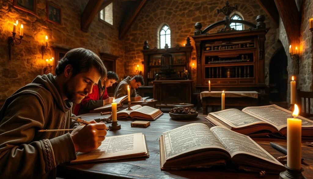 Um Scripttorium medieval pouco iluminado, o brilho suave da luz de velas iluminando o intrincado processo de reprodução de texto. Em primeiro plano, um escriba transcreve cuidadosamente as palavras para o pergaminho, sua pena dançando pela superfície. No meio termo, uma equipe de iluminadores aplica delicadamente pigmentos vibrantes e folha de ouro nas páginas do manuscrito, dando vida ao texto. No fundo, uma grande prensa de madeira está pronta, o futuro do conhecimento produzido em massa esperando para ser desbloqueado. A atmosfera é de reverência e artesanato meticuloso, um instantâneo de um tempo antes que a revolucionária Press Gutenberg mudasse para sempre a disseminação da informação. Um Scripttorium medieval pouco iluminado, o brilho suave da luz de velas iluminando o intrincado processo de reprodução de texto. Em primeiro plano, um escriba transcreve cuidadosamente as palavras para o pergaminho, sua pena dançando pela superfície. No meio termo, uma equipe de iluminadores aplica delicadamente pigmentos vibrantes e folha de ouro nas páginas do manuscrito, dando vida ao texto. No fundo, uma grande prensa de madeira está pronta, o futuro do conhecimento produzido em massa esperando para ser desbloqueado. A atmosfera é de reverência e artesanato meticuloso, um instantâneo de um tempo antes que a revolucionária Press Gutenberg mudasse para sempre a disseminação da informação.