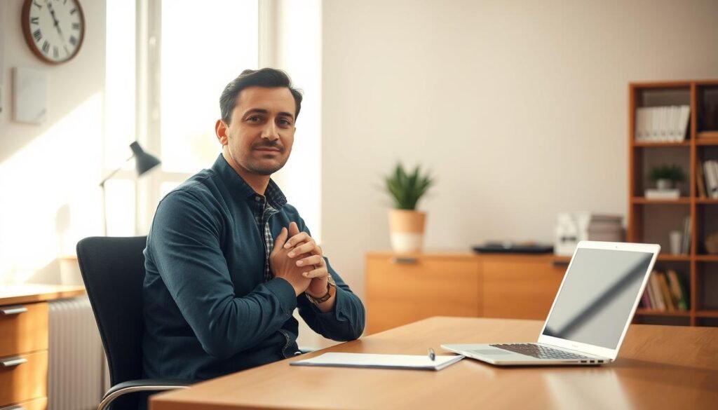 Um ambiente de escritório bem iluminado e sereno, com uma mesa, cadeira e laptop organizados de maneira bem pensativa e organizada. Em primeiro plano, uma pessoa se senta com calma, as mãos dobradas, exalando um senso de foco e confiança enquanto se prepara para uma apresentação futura. A iluminação quente e natural de uma janela próxima cria uma atmosfera macia e convidativa, enquanto o fundo apresenta uma decoração mínima e organizada, permitindo que o sujeito ocupe o centro do palco. A cena geral transmite um senso de controle, preparação e uma mentalidade preparada para um envolvimento de falar em público bem -sucedido.