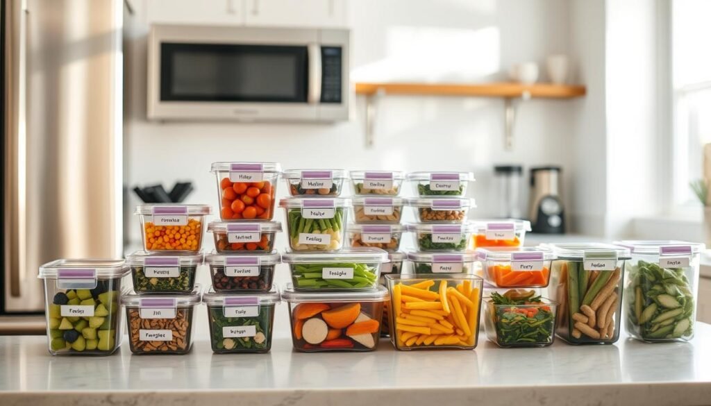 Um balcão de cozinha bem organizado com vários recipientes de armazenamento de alimentos, cada um rotulado com o conteúdo. A iluminação natural brilhante flui através de uma janela próxima, lançando um brilho quente em cena. Os recipientes são organizados de maneira ordenada, mostrando uma variedade de ingredientes saudáveis e coloridos prontos para a preparação das refeições. Aparelhos de aço inoxidável e uma estética limpa e minimalista criam um espaço de trabalho visualmente atraente e funcional. A atmosfera geral transmite um senso de ordem, eficiência e um compromisso com o planejamento e a nutrição de refeições.