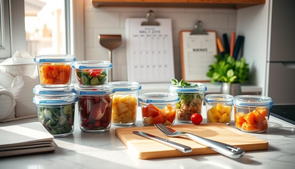 Um balcão de cozinha bem organizado, um conjunto de recipientes de vidro preenchidos com vários ingredientes coloridos, uma tábua elegante e um par de utensílios de cozinha em aço inoxidável elegante. O arranjo é banhado em iluminação macia e natural, criando uma atmosfera quente e convidativa. Em segundo plano, um calendário e um caderno sugerem um cronograma de refeições semanal cuidadosamente planejado. A cena geral transmite um senso de eficiência, preparação e um compromisso com um estilo de vida saudável. A imagem deve inspirar os espectadores a se encarregarem do planejamento semanal de refeições e da rotina de preparação de refeições.