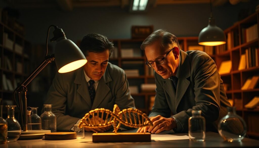 Um cenário de laboratório pouco iluminado, com Watson e Crick estudando atentamente a estrutura de DNA de hélice dupla. Em primeiro plano, os dois cientistas se inclinam sobre uma mesa, examinando um modelo da molécula icônica de DNA. Seus rostos são iluminados pelo brilho macio de uma lâmpada de mesa, lançando sombras dramáticas e criando uma atmosfera de foco intenso e descoberta. No meio termo, vários instrumentos e equipamentos científicos são visíveis, sugerindo o trabalho meticuloso que está sendo realizado. O pano de fundo é um pouco borrado, mas sugere um espaço de laboratório maior, com prateleiras de livros e papéis alinhando as paredes, refletindo a natureza acadêmica de seu esforço. A cena geral transmite o momento da descoberta científica, enquanto Watson e Crick fazem sua descoberta histórica que mudaria para sempre nossa compreensão dos blocos de construção da vida. Um cenário de laboratório pouco iluminado, com Watson e Crick estudando atentamente a estrutura de DNA de hélice dupla. Em primeiro plano, os dois cientistas se inclinam sobre uma mesa, examinando um modelo da molécula icônica de DNA. Seus rostos são iluminados pelo brilho macio de uma lâmpada de mesa, lançando sombras dramáticas e criando uma atmosfera de foco intenso e descoberta. No meio termo, vários instrumentos e equipamentos científicos são visíveis, sugerindo o trabalho meticuloso que está sendo realizado. O pano de fundo é um pouco borrado, mas sugere um espaço de laboratório maior, com prateleiras de livros e papéis alinhando as paredes, refletindo a natureza acadêmica de seu esforço. A cena geral transmite o momento da descoberta científica, enquanto Watson e Crick fazem sua descoberta histórica que mudaria para sempre nossa compreensão dos blocos de construção da vida.