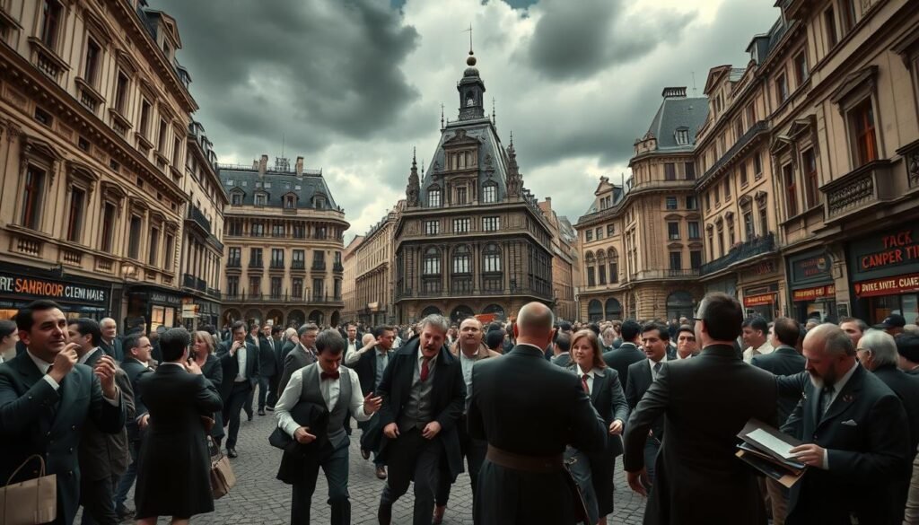 Um dramático falhado no mercado de ações no movimentado distrito financeiro de uma cidade européia do século XVII. Em primeiro plano, os investidores bem vestidos entram em pânico enquanto observam os preços das ações despencando, suas expressões uma mistura de choque e desespero. Os corretores lutam freneticamente para fazer negociações, cercadas por uma atmosfera de caos e incerteza. No meio termo, edifícios elegantes e ruas de paralelepípedos criam um senso de contexto histórico, enquanto em segundo plano, as nuvens das tempestades sombrias aparecem ameaçadoramente, prenunciando a turbulência econômica por vir. A iluminação dramática do que o chiaroscuro lança sombras dramáticas, aumentando a sensação de drama e o pressentimento. Uma cena imersiva que captura o momento crucial em que uma bolha especulativa explode, quebrando os sonhos e fortunas de muitos.