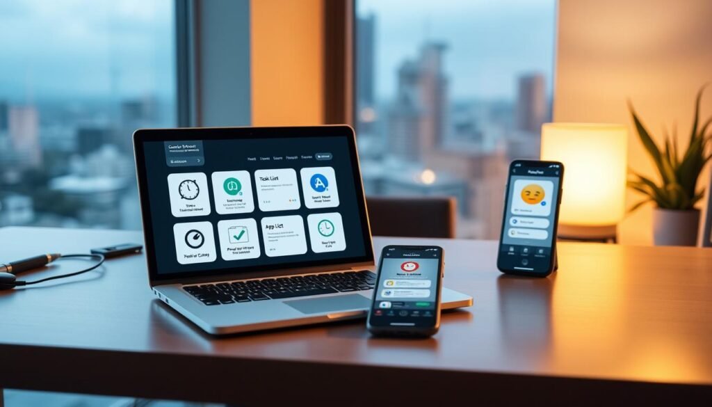 Um espaço de trabalho moderno e elegante com um laptop, smartphone e vários aplicativos de produtividade abrem na tela. Os aplicativos têm interfaces e ícones intuitivos que representam visualmente seu objetivo - gerenciamento de tempo, listas de tarefas, bloqueadores de aplicativos e outras ferramentas antiprocrastinação. A mesa está organizada, com uma iluminação estética minimalista e quente e indireta, criando uma atmosfera focada e eficiente. Em segundo plano, uma paisagem urbana borrada ou cena natural fornece um cenário sereno, enfatizando as soluções digitais na vanguarda. A composição geral transmite um senso de controle e produtividade, inspirando o espectador a superar a procrastinação com a ajuda de aplicações digitais personalizadas.