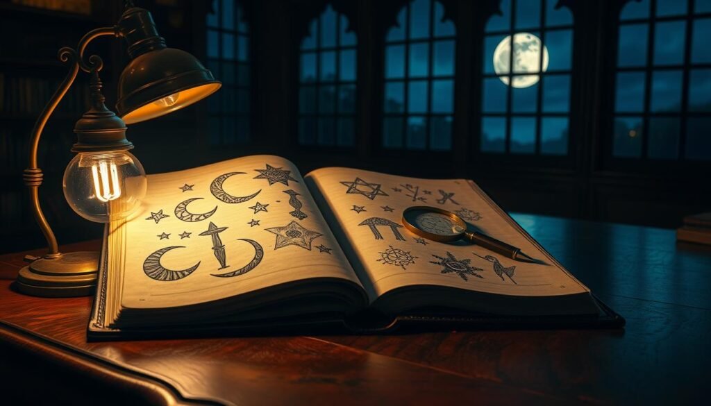 Um estudo aconchegante e pouco iluminado com uma mesa de madeira grande e ornamentada. Na mesa, um livro aberto de couro com ilustrações desenhadas à mão, representando símbolos de sonho misteriosos-luas crescentes, estrelas, padrões abstratos. Ao lado do livro, uma pequena lâmpada de latão lança um brilho quente e dourado, iluminando uma lupa e uma caneta de pena. No fundo, uma grande janela revela um céu noturno iluminado pela lua, sugerindo a natureza enigmática dos sonhos. A cena evoca um senso de investigação acadêmica e contemplação silenciosa da mente subconsciente.