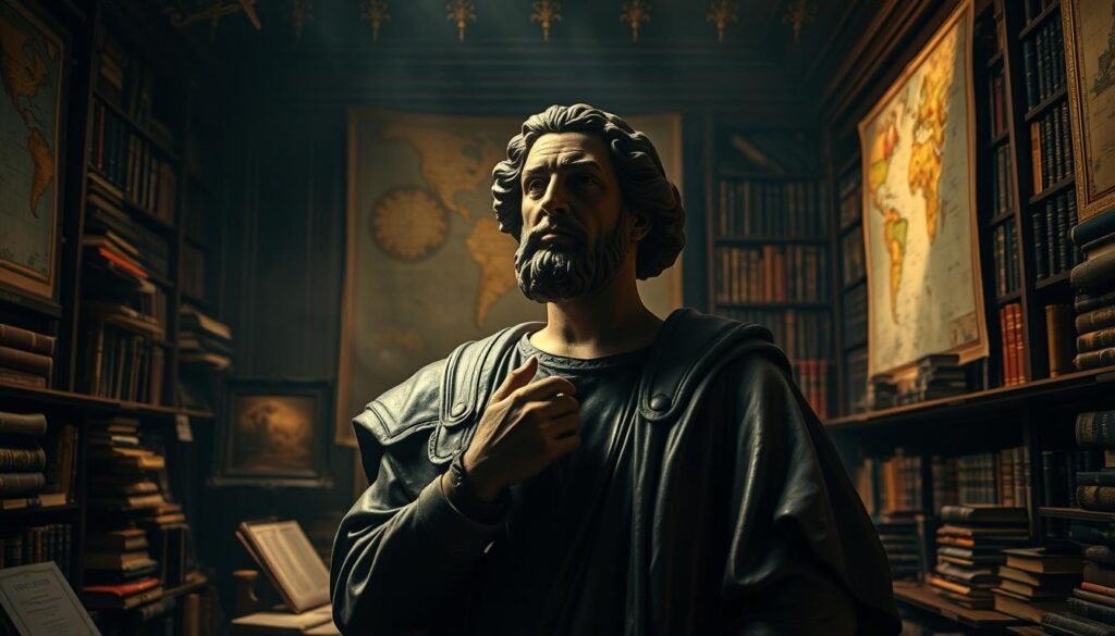 Um estudo mal iluminado e ornamentado, cheio de livros e mapas antigos. No centro, uma figura maior do que a vida de Christopher Columbus fica na contemplação, sua testa franzida. O fundo está borrado, sugerindo um debate em turbilhão que se arrasta ao seu redor. A iluminação dramática de chiaroscuro lança sombras profundas, criando uma atmosfera de intriga e peso histórico. A cena evoca o complexo legado desse explorador histórico, reverenciado e reavilado. Uma sensação de desconforto e incerteza permeia a imagem, espelhando a "controvérsia" sobre a verdadeira natureza de Columbus - herói ou vilão? Um estudo mal iluminado e ornamentado, cheio de livros e mapas antigos. No centro, uma figura maior do que a vida de Christopher Columbus fica na contemplação, sua testa franzida. O fundo está borrado, sugerindo um debate em turbilhão que se arrasta ao seu redor. A iluminação dramática de chiaroscuro lança sombras profundas, criando uma atmosfera de intriga e peso histórico. A cena evoca o complexo legado desse explorador histórico, reverenciado e reavilado. Uma sensação de desconforto e incerteza permeia a imagem, espelhando a "controvérsia" sobre a verdadeira natureza de Columbus - herói ou vilão?