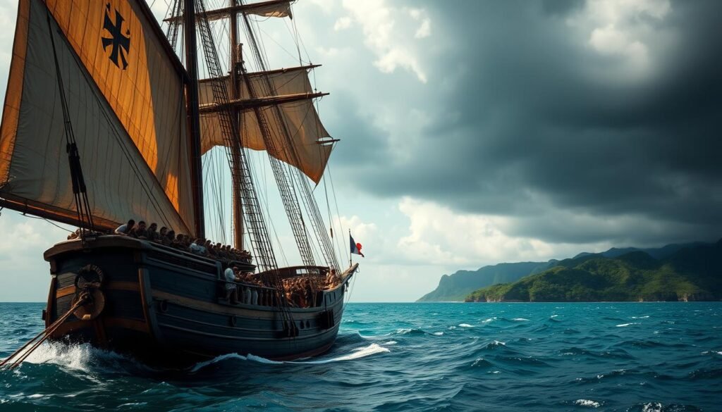 Um grande navio de vela, o carro -chefe de Christopher Columbus, atravessa as águas azuis do Caribe. O bando de velas do carcavel enlouquecendo o vento tropical, seu casco de madeira resistiu por anos de viagens. No convés lotado, os membros da tripulação cansados e resolutos realizam suas tarefas, seus rostos gravados com a tensão desta expedição final e infeliz. À distância, uma costa exuberante e verdejante se eleva, sugerindo as terras misteriosas que há tanto tempo esclareceram o alcance do explorador. No alto, um céu dramático cheio de nuvens de tempestade ameaçador sugere o destino turbulento que aguarda essa viagem condenada, o culminar da busca obsessiva de Colombo para descobrir novos mundos. A iluminação cinematográfica e realista e uma perspectiva ampla e abrangente capturam a grande escala e o alto drama deste momento crucial da história. Um grande navio de vela, o carro -chefe de Christopher Columbus, atravessa as águas azuis do Caribe. O bando de velas do carcavel enlouquecendo o vento tropical, seu casco de madeira resistiu por anos de viagens. No convés lotado, os membros da tripulação cansados e resolutos realizam suas tarefas, seus rostos gravados com a tensão desta expedição final e infeliz. À distância, uma costa exuberante e verdejante se eleva, sugerindo as terras misteriosas que há tanto tempo esclareceram o alcance do explorador. No alto, um céu dramático cheio de nuvens de tempestade ameaçador sugere o destino turbulento que aguarda essa viagem condenada, o culminar da busca obsessiva de Colombo para descobrir novos mundos. A iluminação cinematográfica e realista e uma perspectiva ampla e abrangente capturam a grande escala e o alto drama deste momento crucial da história.