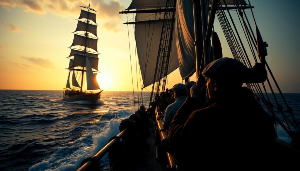 Um grande navio de vela, suas velas ondulando com o vento, navega por um vasto oceano aberto em direção ao sol poente. As ondas batem contra o casco e o spray salgado enchendo o ar. Em primeiro plano, um grupo de marinheiros determinados é o equipamento, seus rostos gravados com um senso de propósito e aventura. O meio -termo apresenta o capitão do navio, examinando o horizonte através de um espíchas, sua expressão uma mistura de excitação e apreensão. No fundo, um céu mal iluminado desaparece em um horizonte dourado e nebuloso, sugerindo as terras desconhecidas que aguardam. A iluminação dramática de chiaroscuro cria uma sensação de drama e mistério, enquanto uma lente grande angular captura a grandeza da cena. O humor geral é de exploração, descoberta e emoção do desconhecido. Um grande navio de vela, suas velas ondulando com o vento, navega por um vasto oceano aberto em direção ao sol poente. As ondas batem contra o casco e o spray salgado enchendo o ar. Em primeiro plano, um grupo de marinheiros determinados é o equipamento, seus rostos gravados com um senso de propósito e aventura. O meio -termo apresenta o capitão do navio, examinando o horizonte através de um espíchas, sua expressão uma mistura de excitação e apreensão. No fundo, um céu mal iluminado desaparece em um horizonte dourado e nebuloso, sugerindo as terras desconhecidas que aguardam. A iluminação dramática de chiaroscuro cria uma sensação de drama e mistério, enquanto uma lente grande angular captura a grandeza da cena. O humor geral é de exploração, descoberta e emoção do desconhecido.