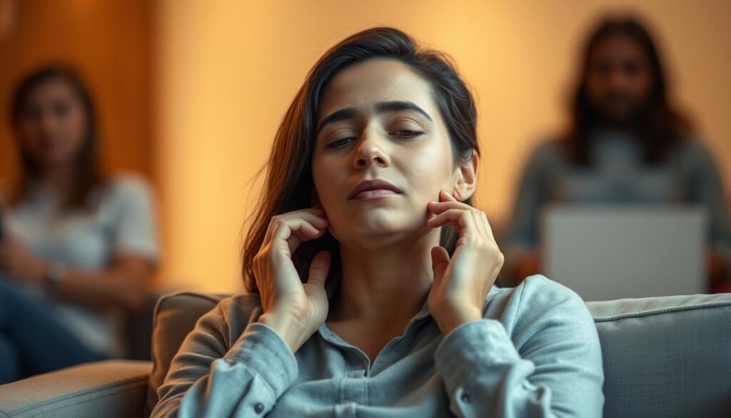 Um indivíduo calmo e focado sentado confortavelmente, respirando fundo e imaginando visualmente a tranquilidade. A cena é capturada em uma iluminação quente e suave, com um fundo suave e borrado que evoca uma sensação de paz interior. A expressão do sujeito é serena, sua linguagem corporal relaxou, transmitindo um senso de controle sobre seu estado nervoso. A atmosfera geral é de contemplação silenciosa, um momento de pausa antes de um importante envolvimento de falar público.