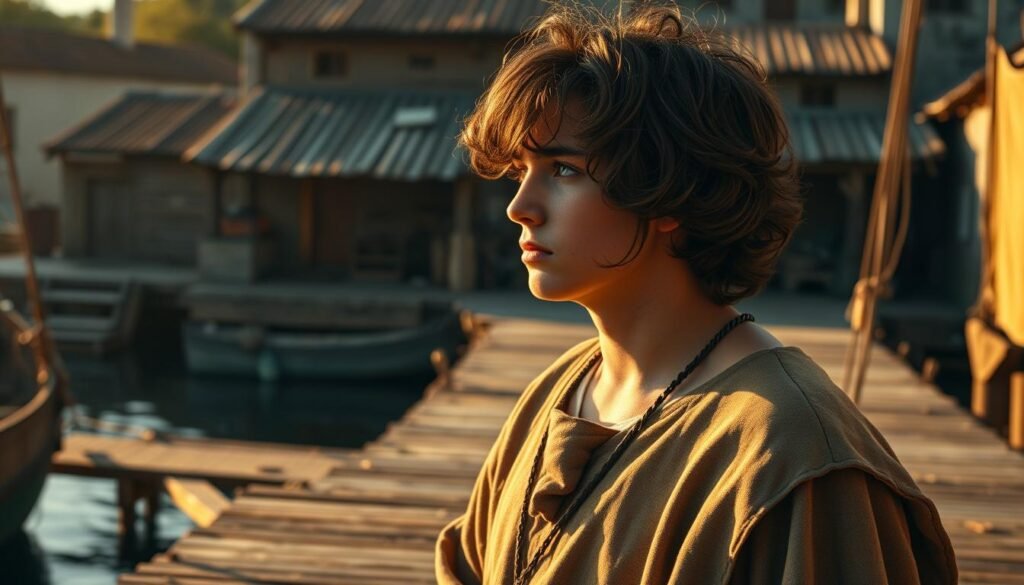 Um jovem Christopher Columbus, em uma modesta cidade portuária, olha pensativamente para o mar. O sol da tarde lança um brilho quente e dourado sobre as docas de madeira desgastadas e edifícios simples ao fundo. Columbus, vestido com roupas simples, parece profundamente em pensamento, sua expressão sugerindo a ambição e a determinação que um dia levaria suas famosas viagens de descoberta. A cena transmite uma sensação de contemplação silenciosa, um momento antes do início de uma jornada extraordinária que mudaria para sempre o curso da história. Um jovem Christopher Columbus, em uma modesta cidade portuária, olha pensativamente para o mar. O sol da tarde lança um brilho quente e dourado sobre as docas de madeira desgastadas e edifícios simples ao fundo. Columbus, vestido com roupas simples, parece profundamente em pensamento, sua expressão sugerindo a ambição e a determinação que um dia levaria suas famosas viagens de descoberta. A cena transmite uma sensação de contemplação silenciosa, um momento antes do início de uma jornada extraordinária que mudaria para sempre o curso da história.