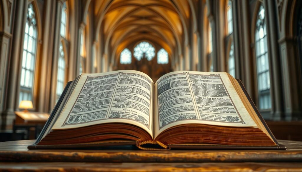 Um livro grande e ornamentado repousa em uma mesa de madeira antiga, suas páginas abertas para revelar texto e ilustrações intrincados e artesanais. A encadernação do livro é feita de capas ricas e ligadas a couro, em relevo com intrincados designs de folhas douradas. A iluminação quente e difusa lança um brilho suave na cena, destacando a qualidade tátil e atemporal do livro. No fundo, um espaço abobadado em forma de catedral, com janelas altas em arco, sugerem a reverência e o significado deste primeiro volume impresso-a Bíblia Gutenberg, um marco na história do conhecimento humano e da palavra impressa. Um livro grande e ornamentado repousa em uma mesa de madeira antiga, suas páginas abertas para revelar texto e ilustrações intrincados e artesanais. A encadernação do livro é feita de capas ricas e ligadas a couro, em relevo com intrincados designs de folhas douradas. A iluminação quente e difusa lança um brilho suave na cena, destacando a qualidade tátil e atemporal do livro. No fundo, um espaço abobadado em forma de catedral, com janelas altas em arco, sugerem a reverência e o significado deste primeiro volume impresso-a Bíblia Gutenberg, um marco na história do conhecimento humano e da palavra impressa.
