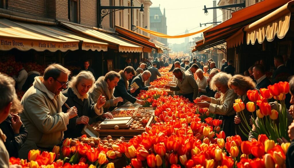 Um movimentado mercado holandês do século XVII, inundado com vibrantes flores de tulipa em um caleidoscópio de cores. Em primeiro plano, uma multidão de comerciantes e especuladores ricos se envolvem ansiosamente em lances febril, seus rostos coraram de emoção enquanto disputam as lâmpadas de tulipa mais raras e cobiçadas. No meio termo, os comerciantes pesam e medem os espécimes premiados, seus livros recheados com somas astronômicas. O fundo é uma névoa de barracas bem embaladas, seus toldos lançando sombras dramáticas na cena, evocando a atmosfera frenética da mania da "tulipomania" que suportava a nação. A iluminação é quente e dourada, lançando uma sensação de opulência e grandeza sobre o processo, mascarando a volatilidade subjacente da bolha especulativa prestes a explodir.