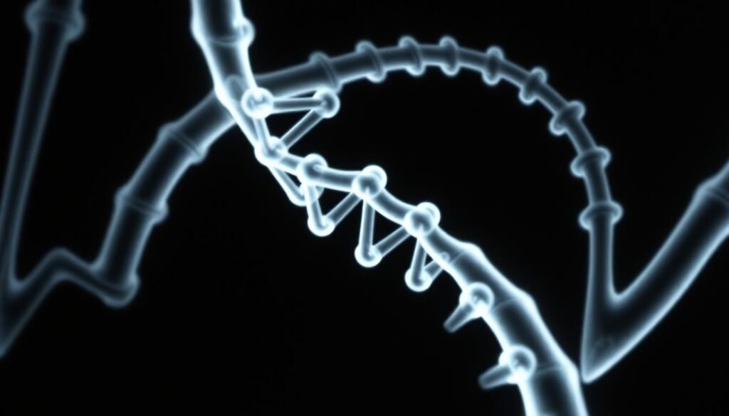 Um padrão detalhado de difração de raios X da famosa "foto 51" revela a estrutura dupla da hélice do DNA. A treliça intrincada da luz e da sombra captura a geometria essencial da molécula genética, sua torção helicoidal e fios paralelos claramente visíveis. A imagem é banhada em um brilho macio e etéreo, resultado de exposição precisa dos raios-X e processamento meticuloso da câmara escura. Cristalino e elegante, este documento científico visualmente impressionante mantém a chave para uma das descobertas biológicas mais importantes do século XX. Um padrão detalhado de difração de raios X da famosa "foto 51" revela a estrutura dupla da hélice do DNA. A treliça intrincada da luz e da sombra captura a geometria essencial da molécula genética, sua torção helicoidal e fios paralelos claramente visíveis. A imagem é banhada em um brilho macio e etéreo, resultado de exposição precisa dos raios-X e processamento meticuloso da câmara escura. Cristalino e elegante, este documento científico visualmente impressionante mantém a chave para uma das descobertas biológicas mais importantes do século XX.