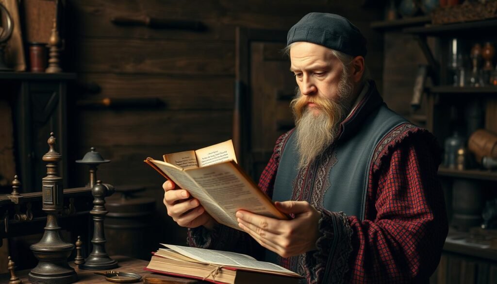 Um retrato de Johann Gutenberg, o inventor pioneiro da imprensa, colocado em um cenário da Europa Renaissance. Gutenberg fica em uma oficina bem iluminada, vestida com o traje acadêmico de um estudioso do século XV. Seu rosto é atencioso e focado, pois ele examina uma página de uma das primeiras Bíblias Gutenberg, os livros revolucionários do tipo móvel que transformaram a disseminação do conhecimento. A cena é apresentada em uma paleta de cores quente e abafada, com texturas de madeira ricas e instrumentos científicos antigos, sugerindo o revolucionário avanço tecnológico que Gutenberg alcançou. A atmosfera geral transmite um sentimento de significado histórico e o amanhecer de uma nova era de comunicação de massa. Um retrato de Johann Gutenberg, o inventor pioneiro da imprensa, colocado em um cenário da Europa Renaissance. Gutenberg fica em uma oficina bem iluminada, vestida com o traje acadêmico de um estudioso do século XV. Seu rosto é atencioso e focado, pois ele examina uma página de uma das primeiras Bíblias Gutenberg, os livros revolucionários do tipo móvel que transformaram a disseminação do conhecimento. A cena é apresentada em uma paleta de cores quente e abafada, com texturas de madeira ricas e instrumentos científicos antigos, sugerindo o revolucionário avanço tecnológico que Gutenberg alcançou. A atmosfera geral transmite um sentimento de significado histórico e o amanhecer de uma nova era de comunicação de massa.