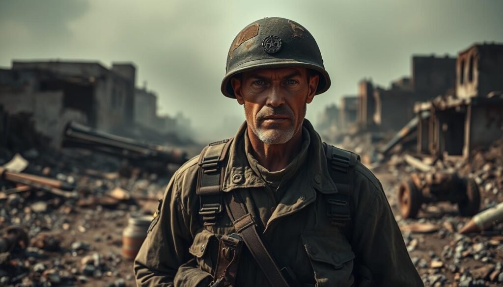 Um soldado desgastado e endurecido por batalha, seu uniforme esfarrapado e manchado, fica resoluto em meio às ruínas de uma paisagem devastada pela guerra. Seu olhar está focado, sua expressão de determinação e resiliência, tendo lutado por três exércitos distintos ao longo de sua turbulenta carreira militar. O pano de fundo é uma paleta nebulosa e abafada de edifícios em ruínas e os remanescentes da artilharia, transmitindo as duras realidades dos conflitos que ele sofreu. A iluminação dramática lança sombras profundas, aumentando o humor sombrio e contemplativo, como se o soldado refletisse sobre os sacrifícios e lealdades que definiram sua vida. Esta imagem captura a essência de um guerreiro experiente, um sobrevivente cuja história incorpora as complexidades e dualidades da guerra.