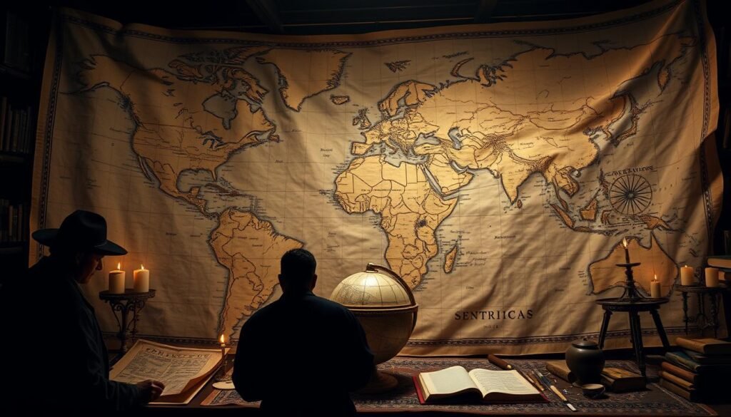 Um vasto mapa do mundo se desenrola, representando o Tratado de Tordesillas e a Divisão do Globo entre Espanha e Portugal. Em primeiro plano, as figuras sombrias se espalham sobre pergaminho e navegam em gráficos celestes, seus rostos iluminados pelo brilho suave da luz de velas. O meio termo é dominado por um globo majestoso, sua superfície gravada com intrincadas massas terrestres e rotas marinhas, simbolizando a mudança no poder global e a corrida pela expansão colonial. No fundo, uma câmara mal iluminada é preenchida com tomos, astrolabes e outros instrumentos de navegação, sugerindo os avanços intelectuais e tecnológicos que alimentavam esse momento crucial da história. A cena exala um senso de peso e conseqüência, capturando o impacto imediato da descoberta das Américas no equilíbrio do poder e no curso dos eventos mundiais. Um vasto mapa do mundo se desenrola, representando o Tratado de Tordesillas e a Divisão do Globo entre Espanha e Portugal. Em primeiro plano, as figuras sombrias se espalham sobre pergaminho e navegam em gráficos celestes, seus rostos iluminados pelo brilho suave da luz de velas. O meio termo é dominado por um globo majestoso, sua superfície gravada com intrincadas massas terrestres e rotas marinhas, simbolizando a mudança no poder global e a corrida pela expansão colonial. No fundo, uma câmara mal iluminada é preenchida com tomos, astrolabes e outros instrumentos de navegação, sugerindo os avanços intelectuais e tecnológicos que alimentavam esse momento crucial da história. A cena exala um senso de peso e conseqüência, capturando o impacto imediato da descoberta das Américas no equilíbrio do poder e no curso dos eventos mundiais.