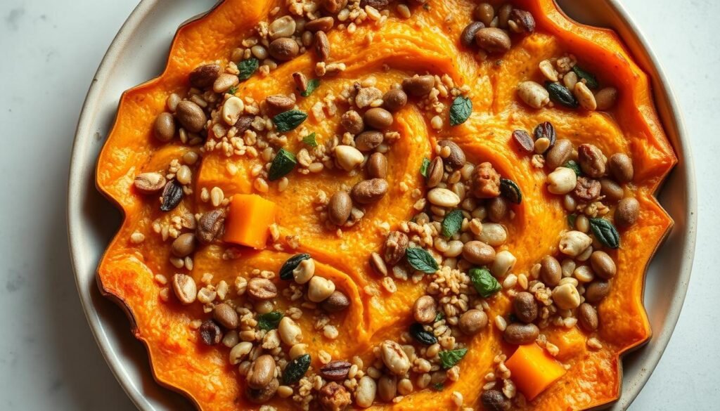 Uma "Quiba" ou caçarola ou caçarola saudável e vibrante, com uma crosta dourada e um interior saboroso e nutritivo. A abóbora é assada a uma ternura perfeita, infundida com especiarias e ervas aromáticas. Espalhados por toda parte são lentilhas terrosas, trigo bulgur em borracha e nozes e sementes crocantes, criando um perfil de textura e sabor satisfatório. Todo o prato é banhado em iluminação quente e suave, mostrando seu apelo rústico e caseiro. Organizado em uma placa simples e minimalista, essa "quibe" saudável promete nutrir e encantar, tornando -a uma opção ideal de preparação para refeições para uma semana movimentada.