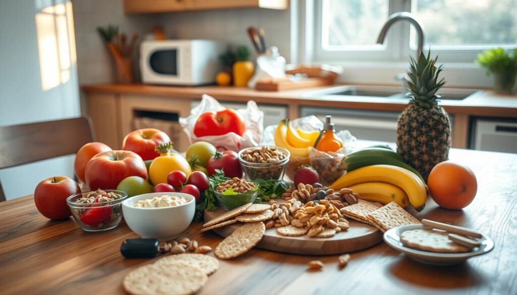 Uma cena aconchegante da cozinha com lanches saudáveis ​​organizados artisticamente em uma mesa de madeira. Uma variedade de frutas frescas, vegetais, nozes e biscoitos de grãos integrais são exibidos de maneira atraente, capturando a idéia de "recompensas saudáveis" que são satisfatórias e nutritivas. A iluminação macia e natural filtra através de uma janela próxima, lançando um brilho quente sobre a cena. A imagem transmite um senso de equilíbrio, simplicidade e atenção plena, incentivando o espectador a saborear indulgências saudáveis ​​como uma alternativa aos hábitos de procrastinação prejudiciais.