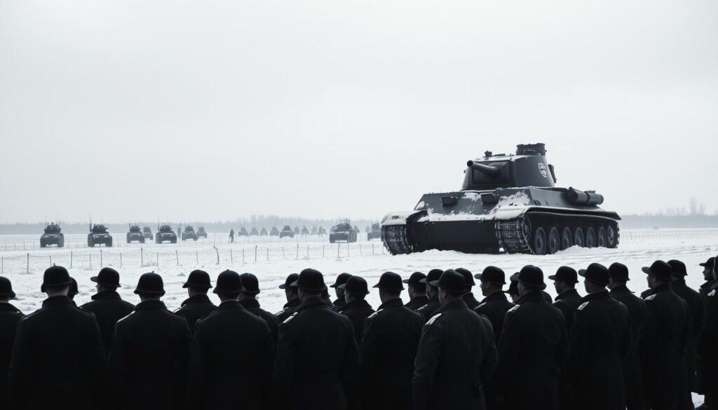 Uma cena angustiante do exército alemão nazista, capturado à luz dura de uma paisagem de inverno. Em primeiro plano, um esquadrão de soldados está em atenção, seus uniformes crocantes e suas armas brilhando. O meio termo é dominado pela presença imponente de um tanque panzer imponente, sua torre girando ameaçadoramente. À distância, podem ser vistas as silhuetas de outros veículos blindados e infantaria, marchando pelo terreno coberto de neve. O céu acima é um cinza sombrio e nublado, acrescentando à sensação de pressentimento e pavor. A atmosfera geral é de poder inflexível e disciplina inabalável, refletindo a eficiência implacável da máquina de guerra nazista.